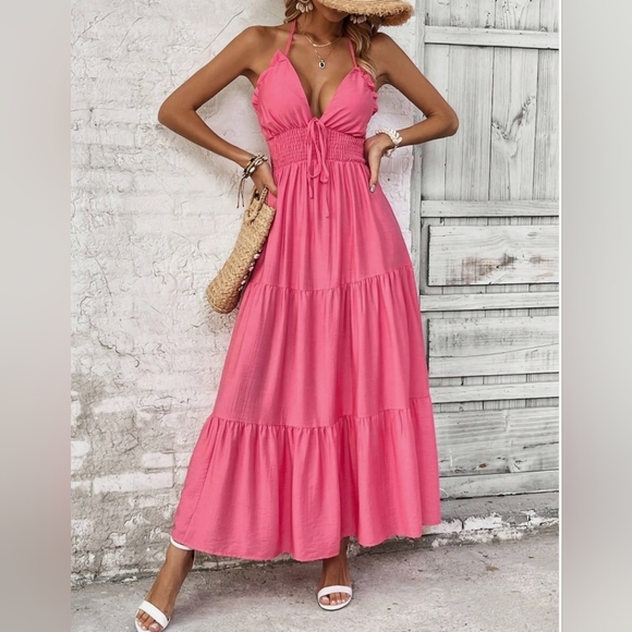Dresses & Skirts - NEW Ruffle Tie Halter Tiered Long Dress Pink
